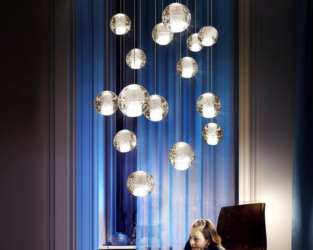 Luxury Villa Staircase LED Pendant Lights - Long Cable Crystal Glass Ball Droplight