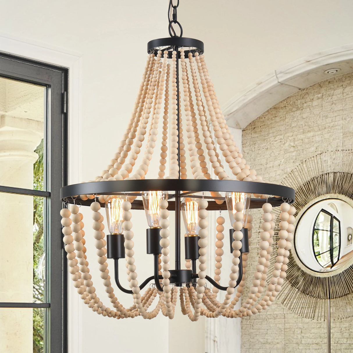 Modern Boho Wood Bead Chandelier Classic Dimmable High Ceilings Chandeliers With Matt Black Finished For Bedroom Hall
