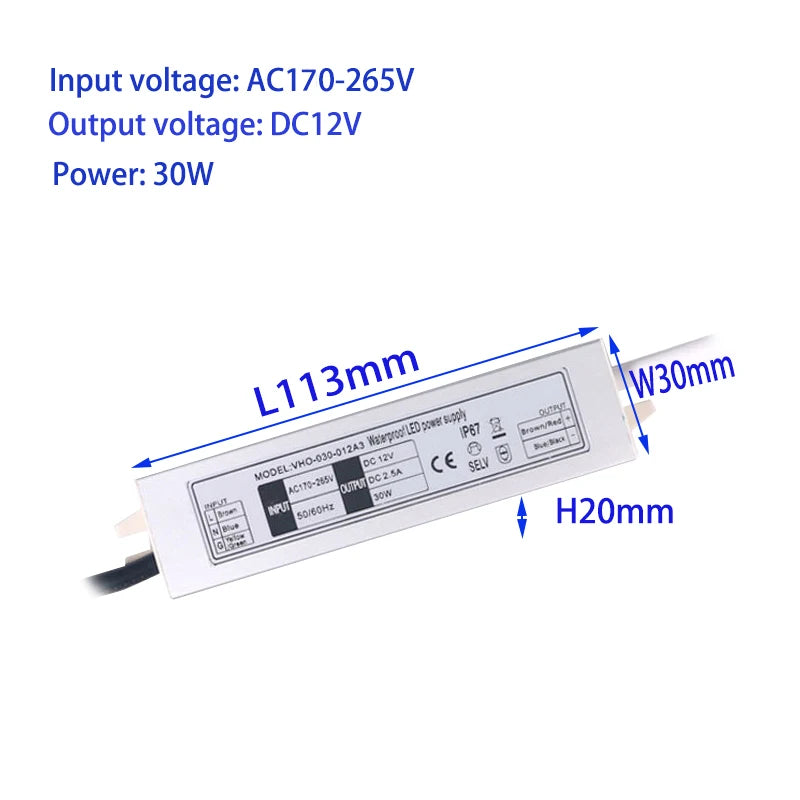 LED Waterproof Power Supply Input AC100-265V Output 12V 1A 12W/1.68A 20W /2.5A 30W/ 3.75A 40W /5A 60W /Transformer Driver