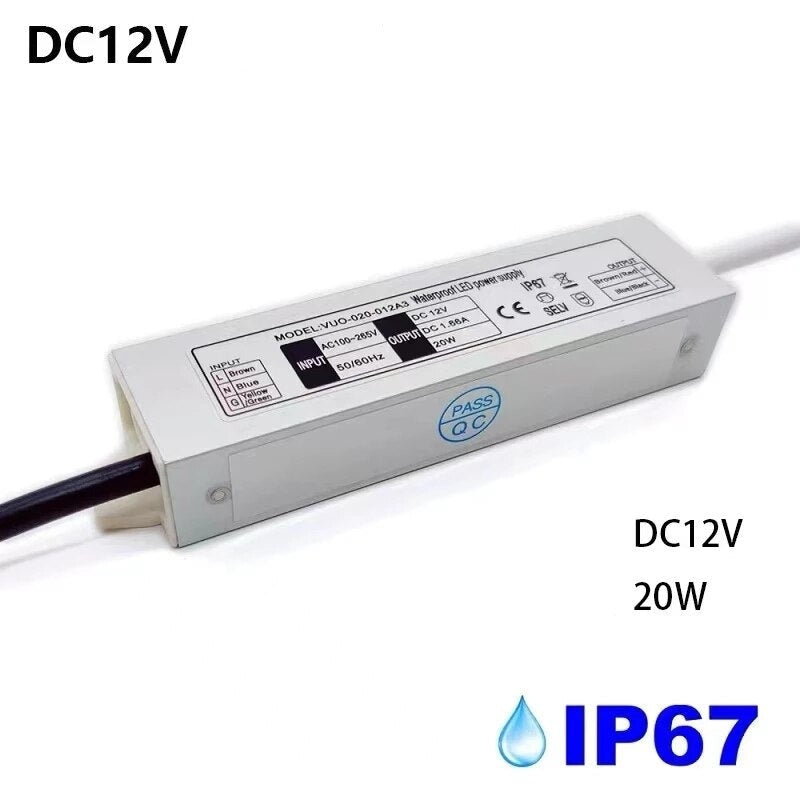 Waterproof IP67 LED Spot Transformer Power Supply: 12W, 20W, 60W, 100W - 220V to 12V Driver