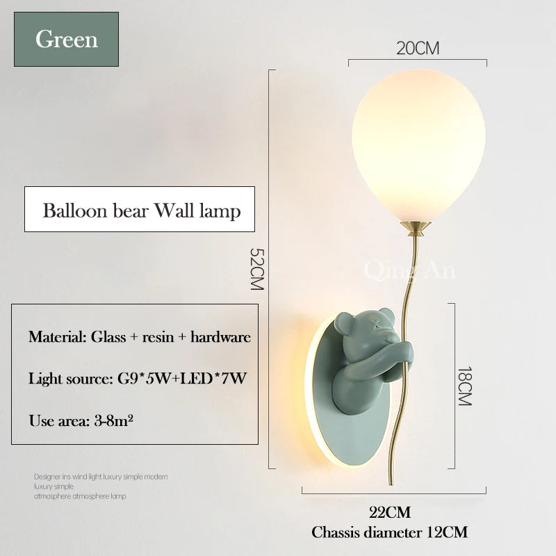Pink Balloon Bear Wall Lamps Cute Children's Room Lamp Modern Warm Princess Room Nursery Girl Boy Bedroom Bedside Wall Lights