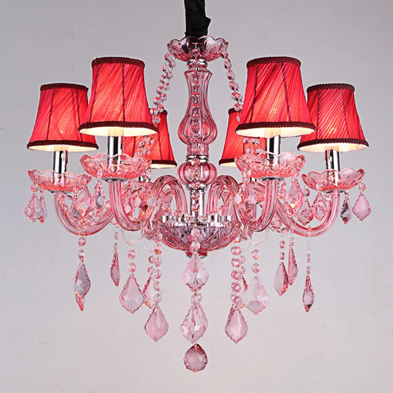 French Princess Room Crystal Pink Chandelier Villa Hotel Dining Table Candlelight Glass Decoration Rose Red LED Pendent Lamp