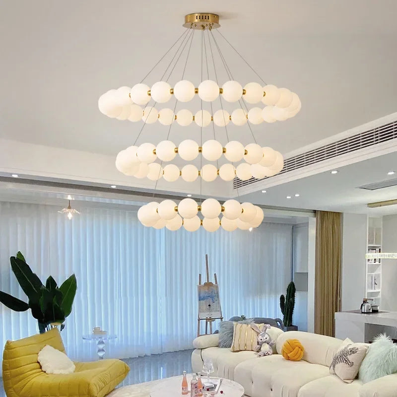 Nordic Modern Minimalist Luxury LED Chandelier Cream Pearl Circle Pendant Light Home Room Decoration for Living Dinning Bar Lamp