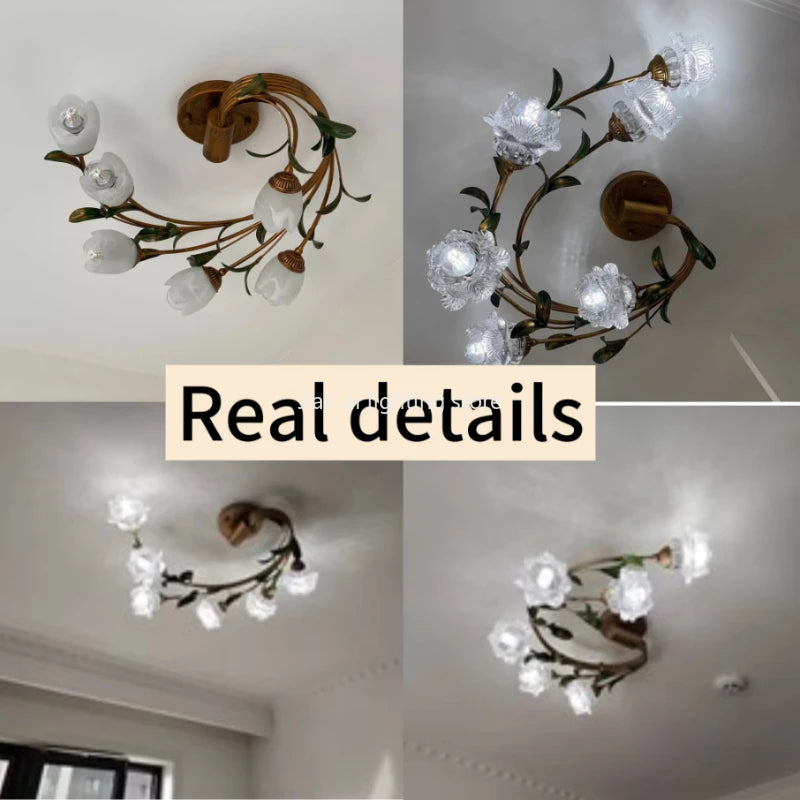 Romantic American Retro Countryside Flower LED Ceiling Light Nordic Designer Wrought Iron Glass Living Room Decoration