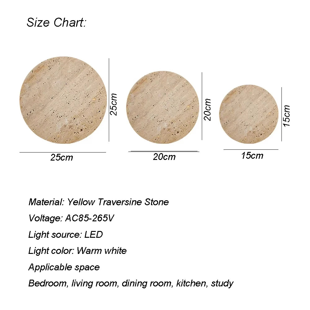 Huangdong Stone Round Thin Slice LED Wall Lamp - Designer Natural Travertine Accent Sconce Light Fixture for Bedroom Bedside, Living Room & Staircase