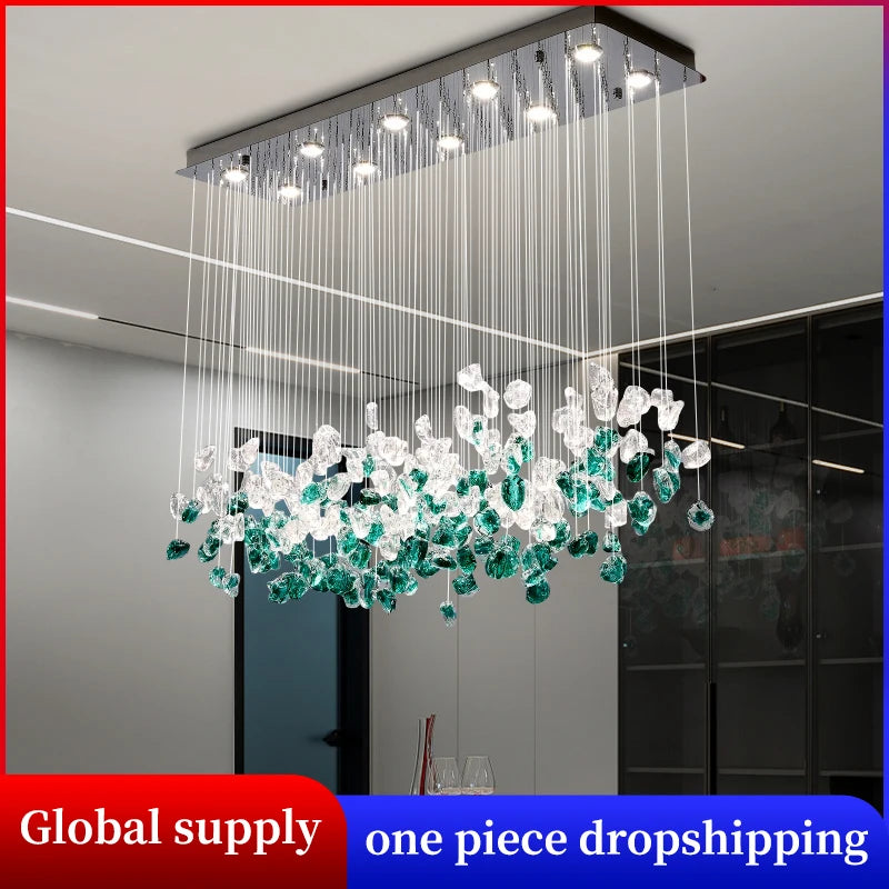 Dining Room Chandeliers Duplex Villa Hall Hanging Lamp Luxury Living Room High Ceiling Green Stone Glass LED Pendant Lights