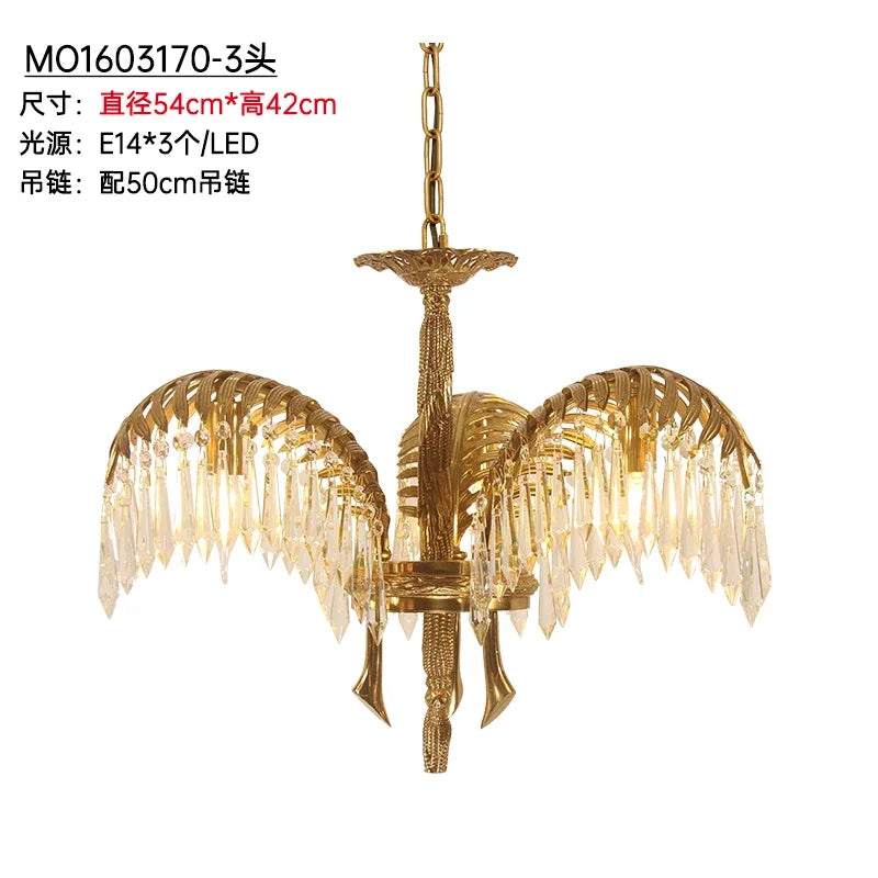 Hand Carving Gold Brass Hanging Pendant Lights Villa Living Room Luxury Crystal Palm Chandelier