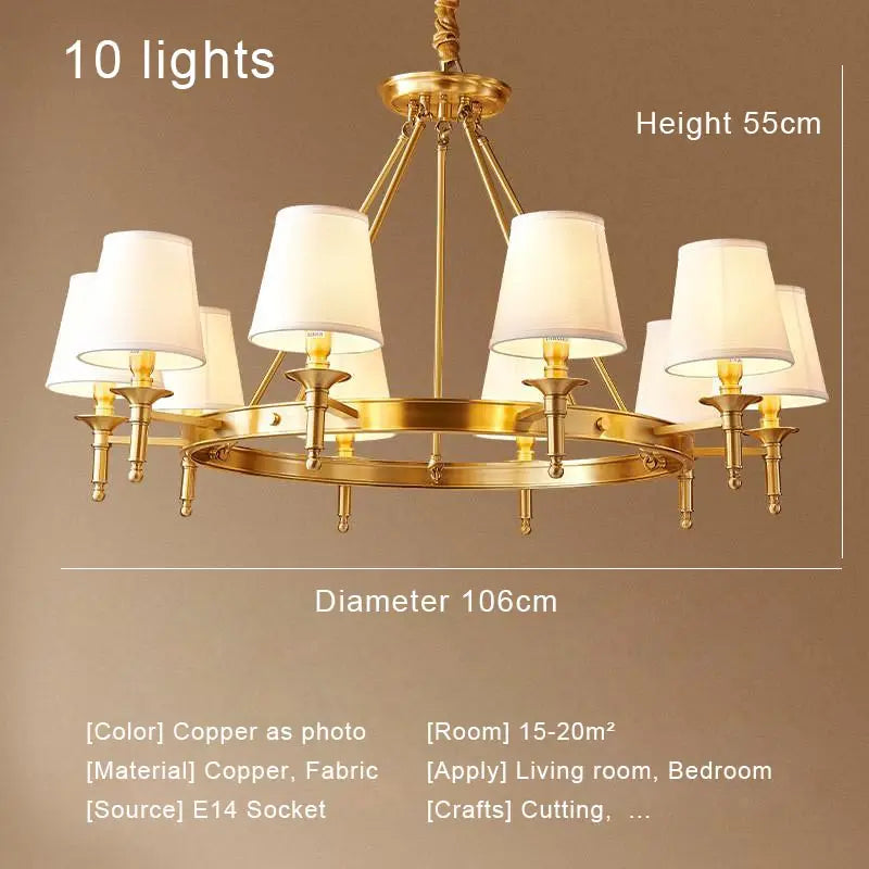 Rural LED ring Copper Ceiling Chandelier retro Fabric lamp Living Room Bedroom Home Decor Hanging Lamp American dining light