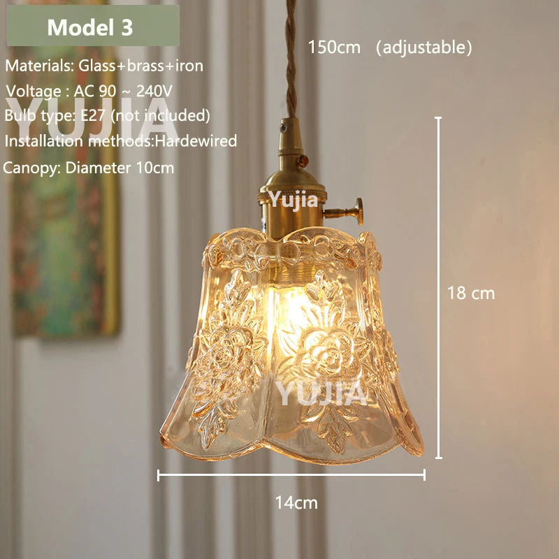 Vintage Amber Glass Pendant Light - Retro Brass Adjustable Hanging Hanging Lamp