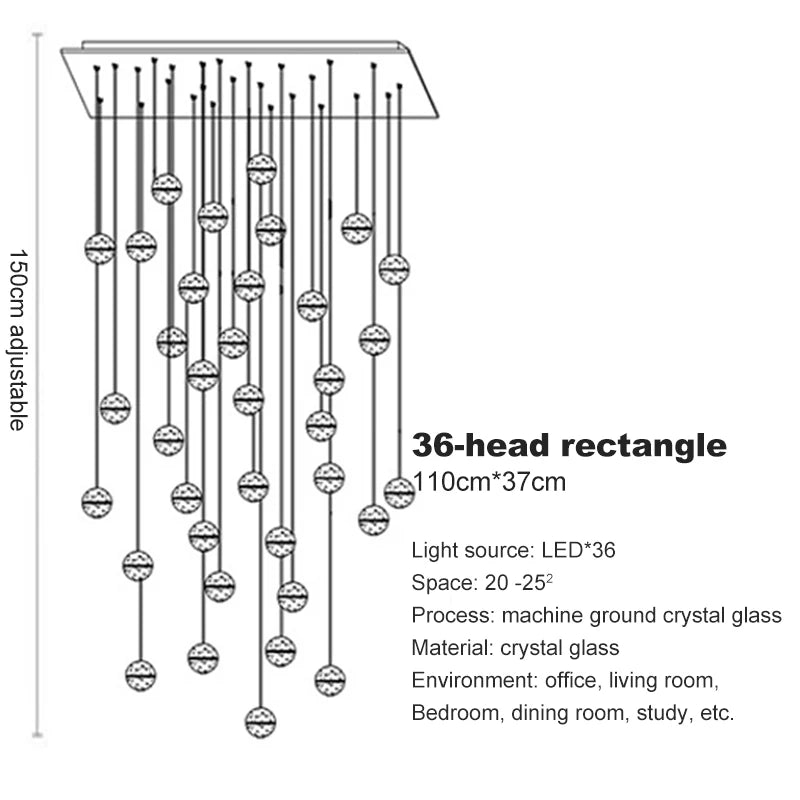 LED Villa Staircase Pendant Lights Long Cable Hanging crystal glass ball droplight for Restaurant Bar Indoor Decorative