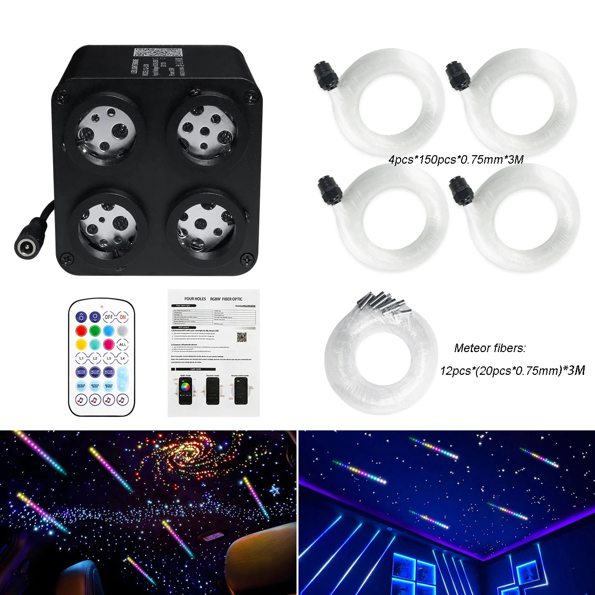 36W 4-Port RGBW Twinkle & Meteor Fiber Optic Kit - High Power Shooting Star Headliner Engine with App Control - Professional Car & Home Star Ceiling