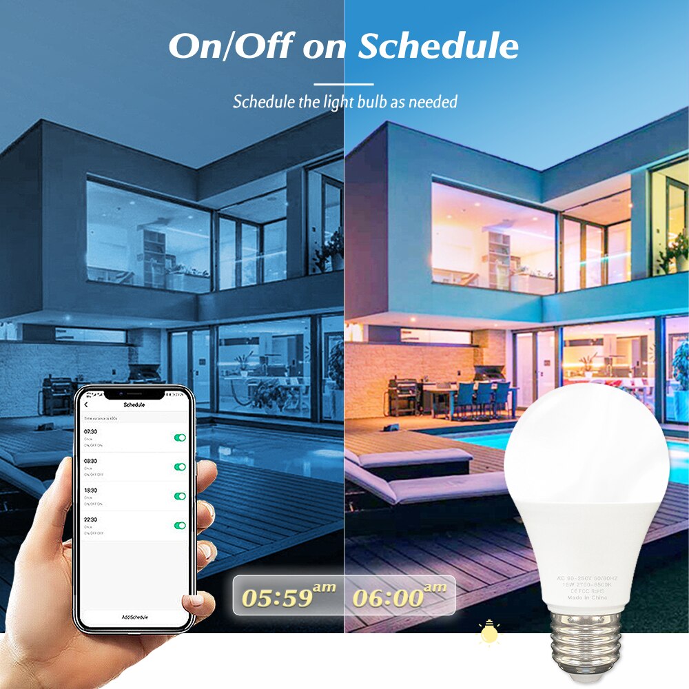 Aubess 15W E27 WiFi Smart Light Bulb RGB Dimmable Led Light Smart Lamp, Support Tuya Smart Life Yandex Alice Alexa Google Home
