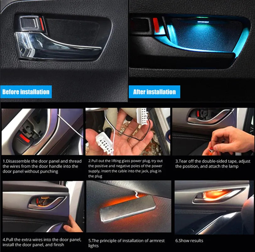 Ceyes 4pcs Car Ambient Inner Door Bowl Light Decorative Lights handle LED Armrest Atmosphere Light Strip Auto Handrail Light
