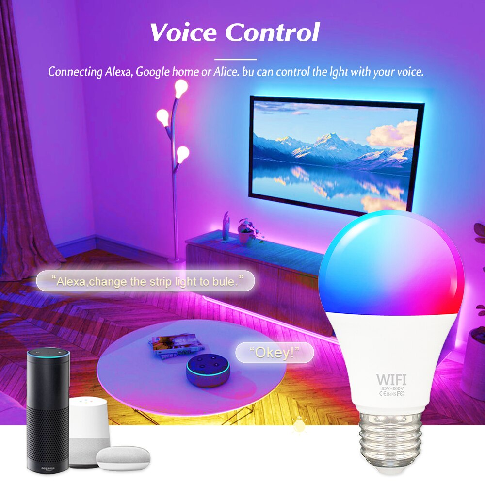 Aubess 15W E27 WiFi Smart Light Bulb RGB Dimmable Led Light Smart Lamp, Support Tuya Smart Life Yandex Alice Alexa Google Home