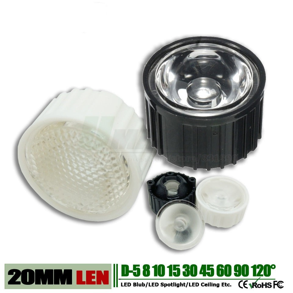 20MM LED Lens+ Bracket Holder 1/3/5W High power light chip LEN PMMA 5 8 10 15 30 45 60 90 120 Degree for LED downlight floodlight