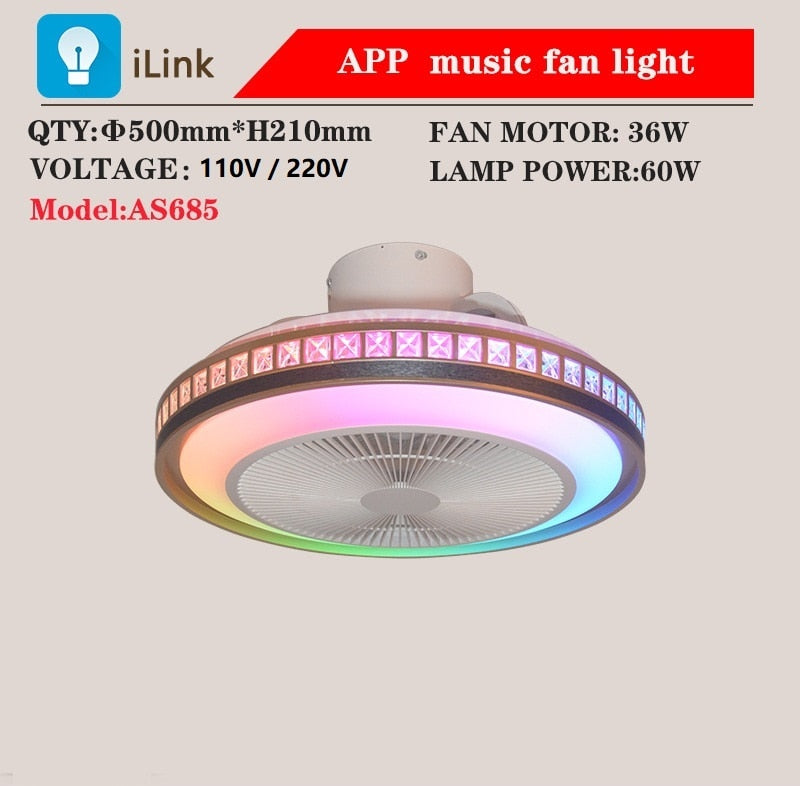 60W LED Ceiling Fan with Light RGB Modern Chandelier Lamp Dimmable with Bluetooth Speaker APP Remote Control for Living Room