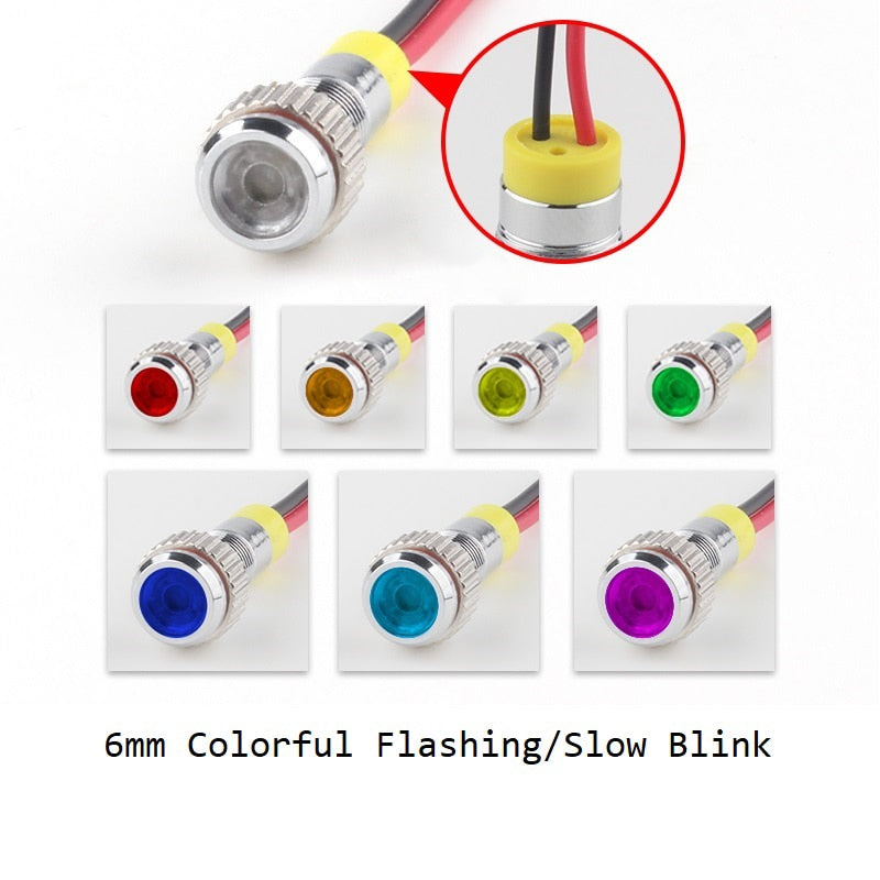 IP62 Waterproof Colorful Flashing LED Metal Warning Indicator Light 6mm Blink Pilot Signal Lamp 3V 6V 12V 24V 36V DC with Wire