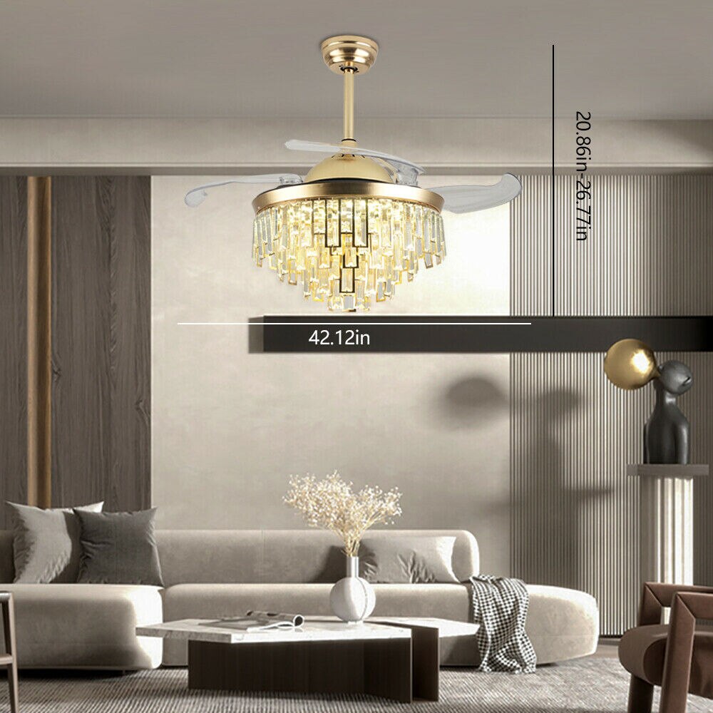 OUKANING 42'' Modern Crystal Dimmable LED Ceiling Light Chandelier Lamp With Fan + Remote for Home Application