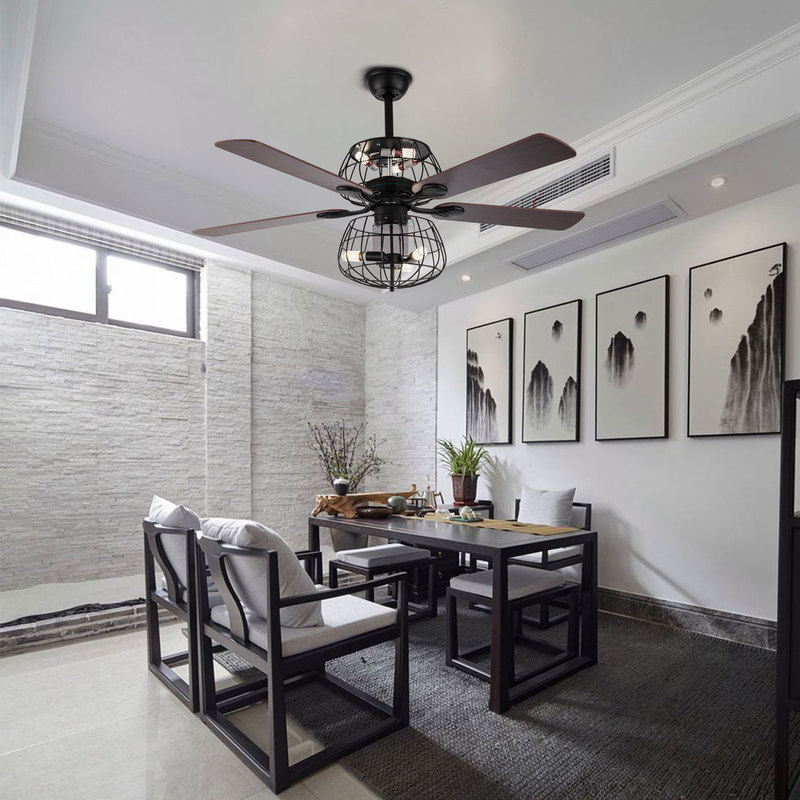LED Ceiling Fan Light 3 Speed Setting 5 Reversible Wood Blades Retro Cage Chandelier with Remote Control