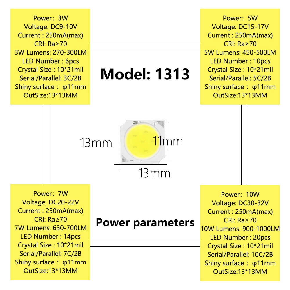 10pcs a lot 3W/5W/7W/10W 6500K/4000K/3000K LED COB Light Beads 1313 LED lamp Bead LED Bulb Chip Spot Light Downlight Diode Lamp