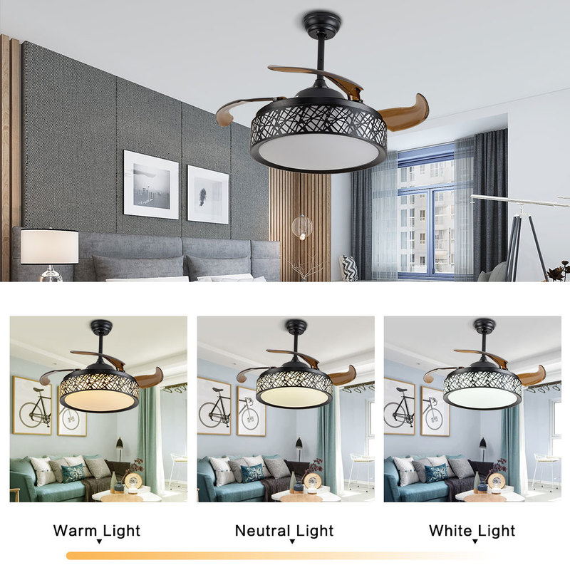 Retractable Fan Chandelier 3 Color Changes 3 Speed Settings Pendant Light with Remote Control