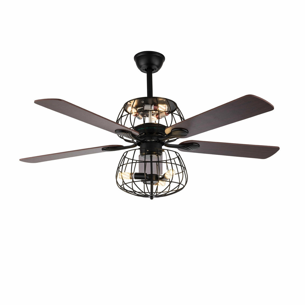 LED Ceiling Fan Light 3 Speed Setting 5 Reversible Wood Blades Retro Cage Chandelier with Remote Control