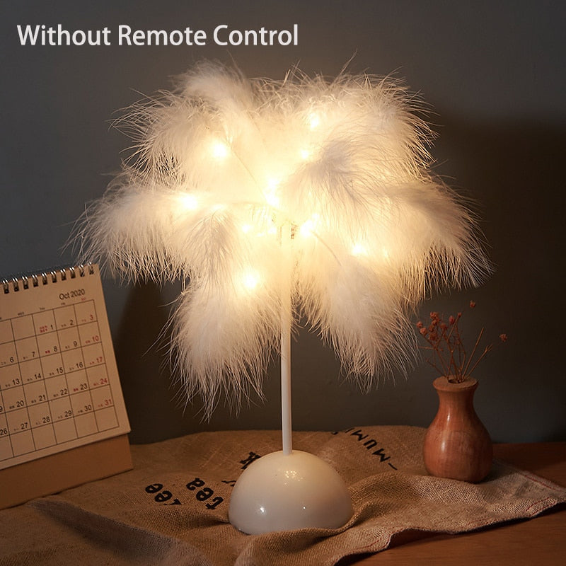 Creative Feather Table Lamp with Remote Control USB/AA Battery Power Desk Lamp Tree Feather Lampshade Night Light for Birthday