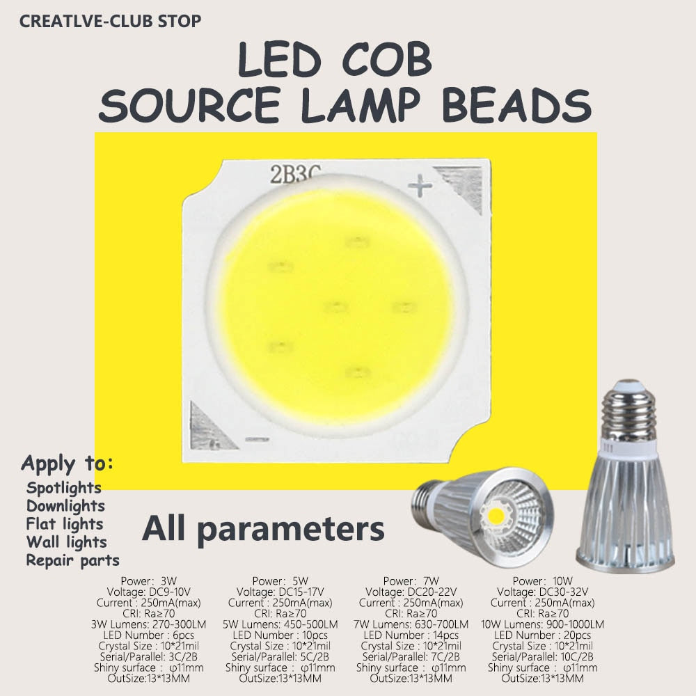 10pcs a lot 3W/5W/7W/10W 6500K/4000K/3000K LED COB Light Beads 1313 LED lamp Bead LED Bulb Chip Spot Light Downlight Diode Lamp