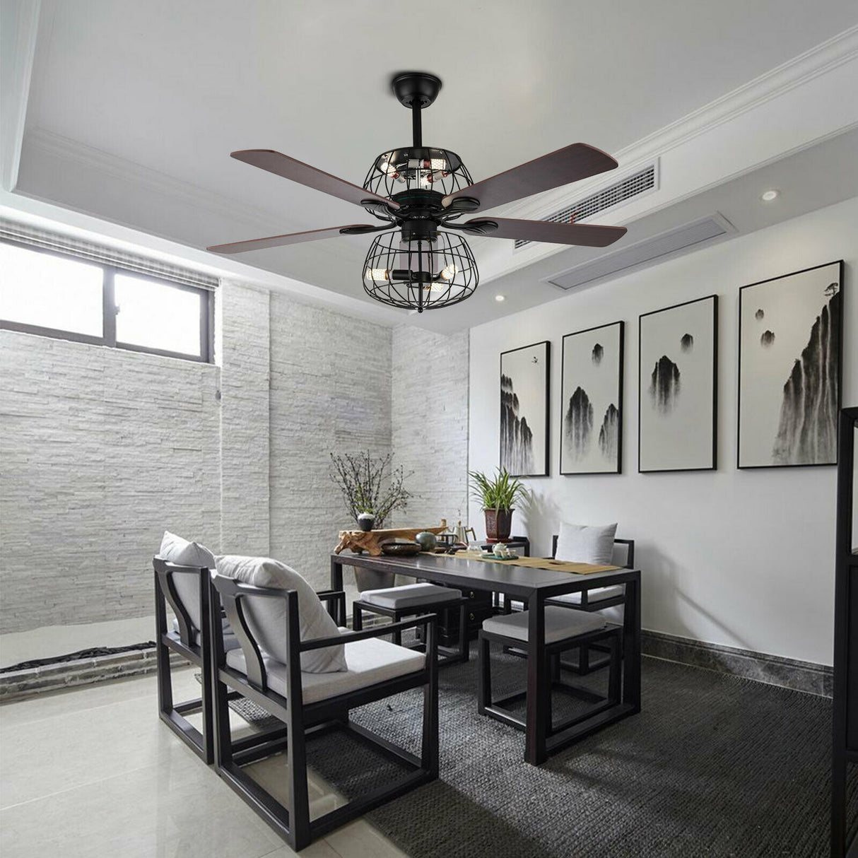 LED Ceiling Fan Light 3 Speed Setting 5 Reversible Wood Blades Retro Cage Chandelier with Remote Control