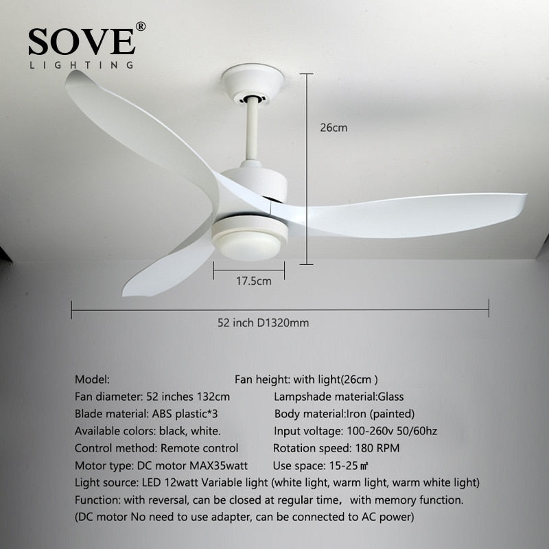 SOVE Black Modern Led Ceiling Fans With Lights Simple Ceiling Light Fan With Remote Control White Fan Lamp Ventilador De Techo