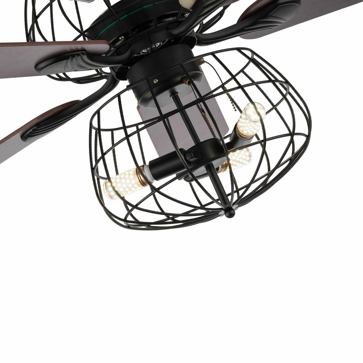 LED Ceiling Fan Light 3 Speed Setting 5 Reversible Wood Blades Retro Cage Chandelier with Remote Control