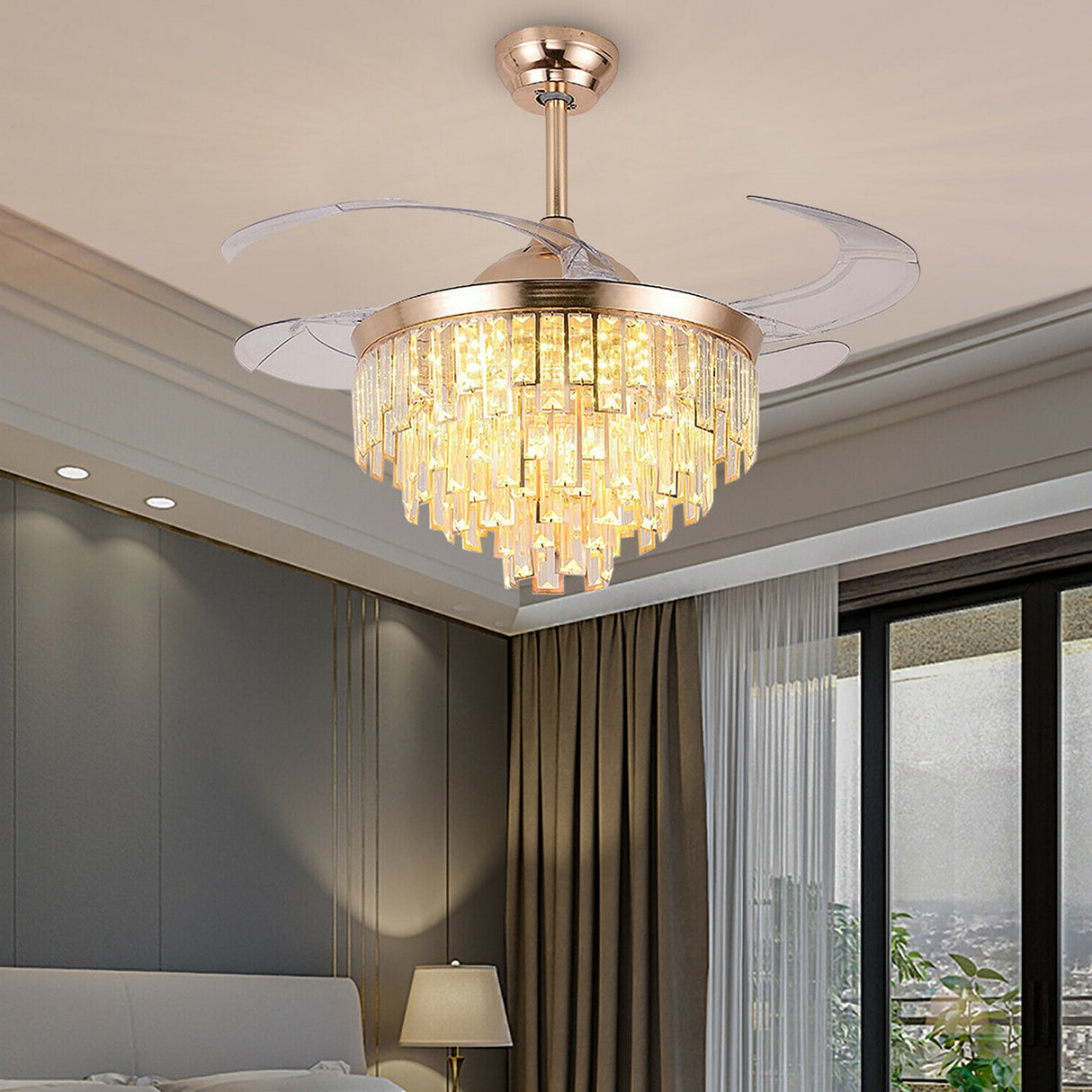 OUKANING 42'' Modern Crystal Dimmable LED Ceiling Light Chandelier Lamp With Fan + Remote for Home Application