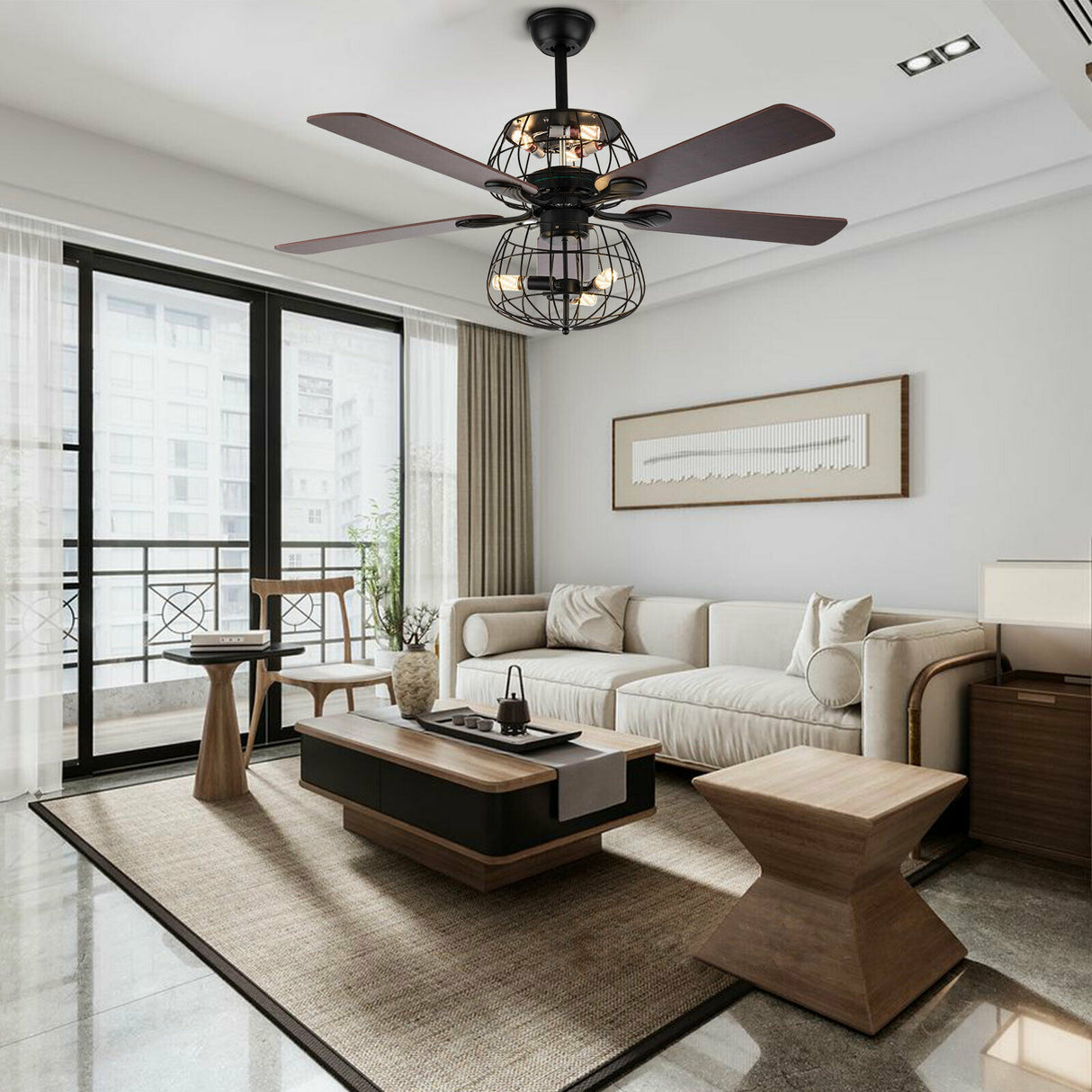 LED Ceiling Fan Light 3 Speed Setting 5 Reversible Wood Blades Retro Cage Chandelier with Remote Control