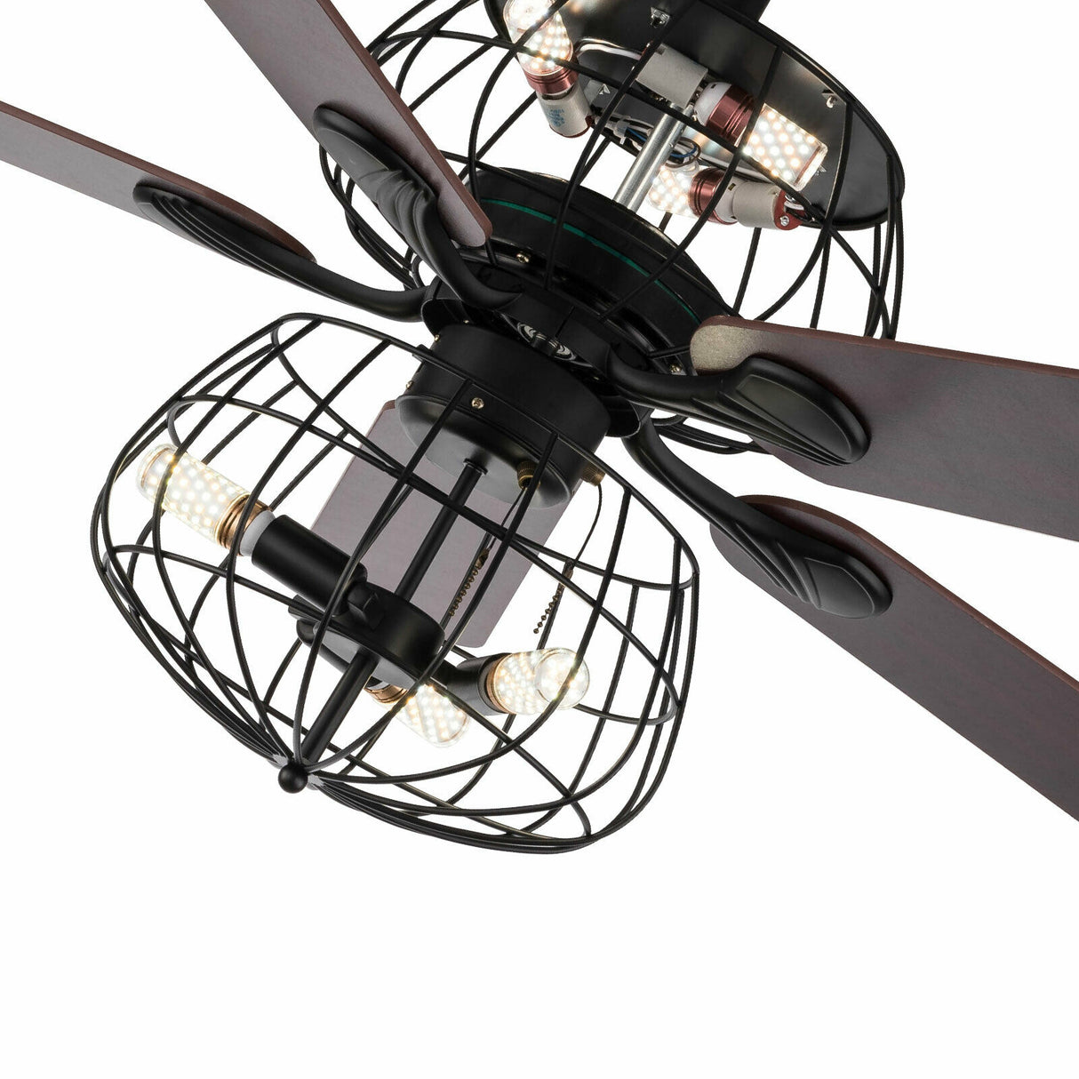 LED Ceiling Fan Light 3 Speed Setting 5 Reversible Wood Blades Retro Cage Chandelier with Remote Control