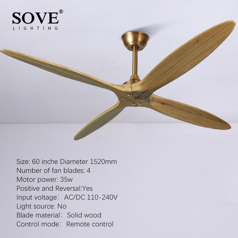 SOVE 60 Inch Wooden Ceiling Fan Dc Remote Control Decorative Wood Ceiling Fans Without Light Fan Lamp 220V Ventilador De Techo