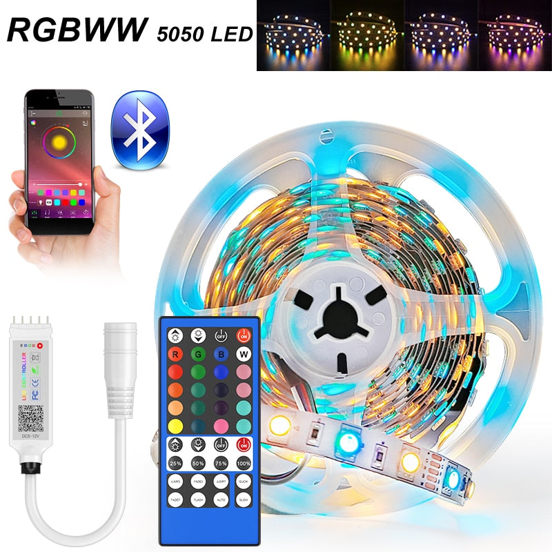 5M-30M LED Strip Light Bluetooth RGBWW SMD 5050 LED Lights DC12V RGB Led tape diode ribbon Flexible APP Phone Control+adapter