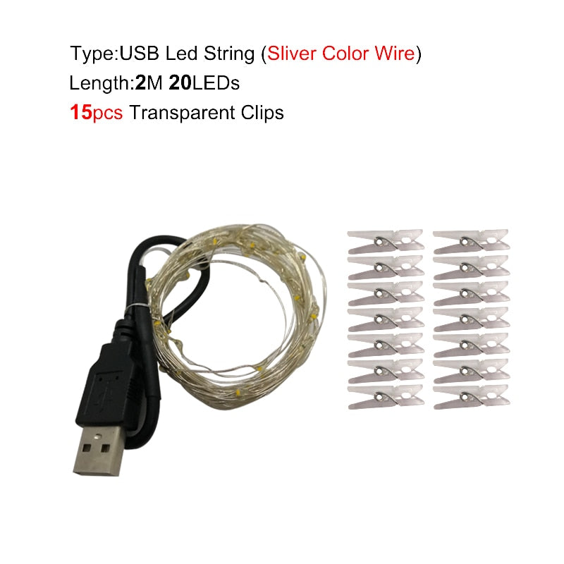 LED String Lights Photo Clip USB Battery Operated Garland Fairy Lamp Christmas Decoration Holiday Party Wedding Xmas Lighting