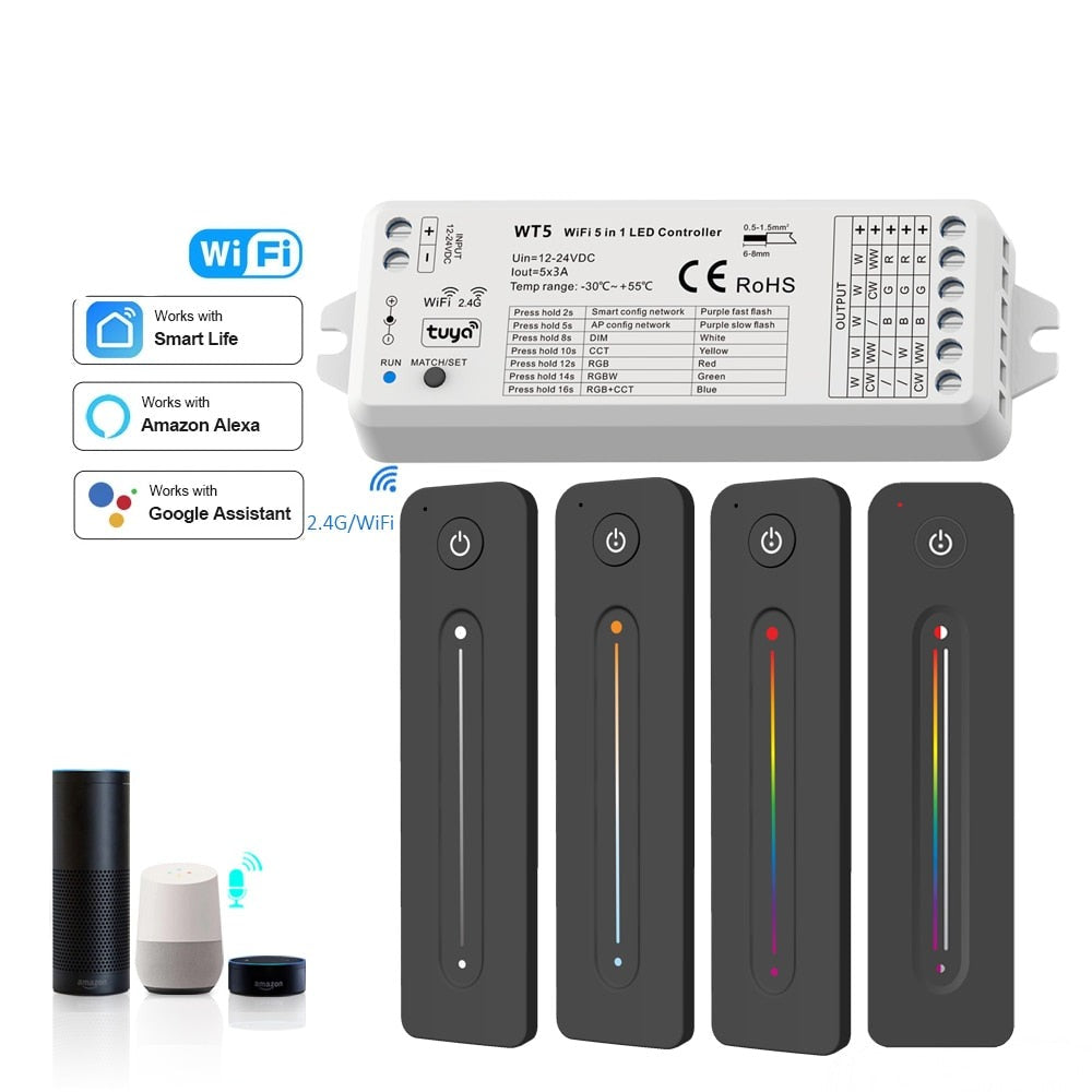 LED Controller 12v 24v 5 in 1 Dimmer RGB CCT RGBW RGBWW RGBCCT Strip Light Smart Life Wifi 2.4G RF Wireless Remote WT5