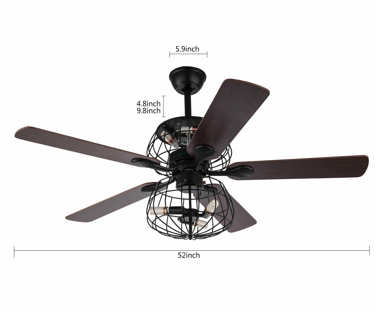 LED Ceiling Fan Light 3 Speed Setting 5 Reversible Wood Blades Retro Cage Chandelier with Remote Control