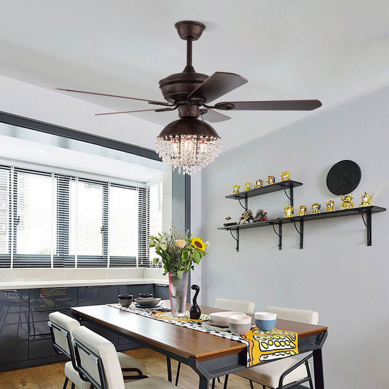 Antique Crystal Ceiling Fan Light Livingroom Chandelier W/ Reverse Function, 3 Speed Adjustable, Remote Control