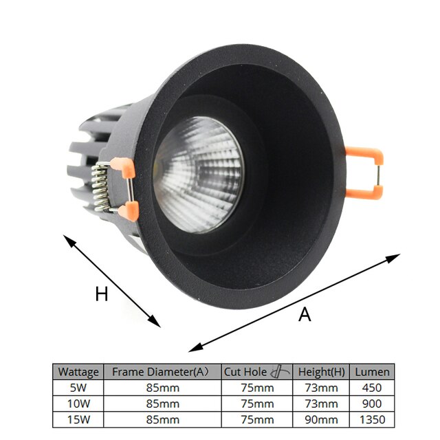 LEDIARY 85-265V 5W/10W/15W LED COB Downlight Black Aluminum Housing High Lumen Recessed Dimmable 75mm 95mm Hole Spot Lamp
