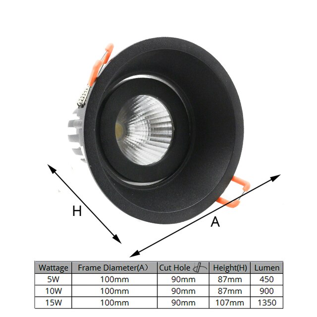 LEDIARY 85-265V 5W/10W/15W LED COB Downlight Black Aluminum Housing High Lumen Recessed Dimmable 75mm 95mm Hole Spot Lamp
