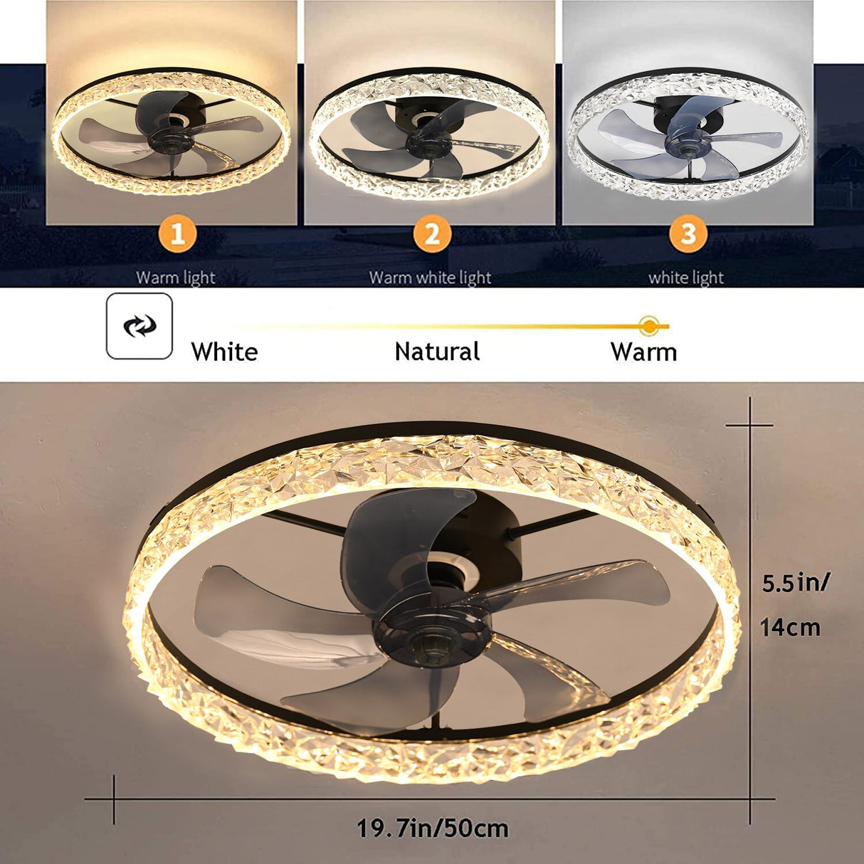 Ceiling Fan Light Remote Acrylic Ceiling Lamps Ceiling Fan with Led Lights Adjustable Wind Speed LED Dimming Crystal Decor