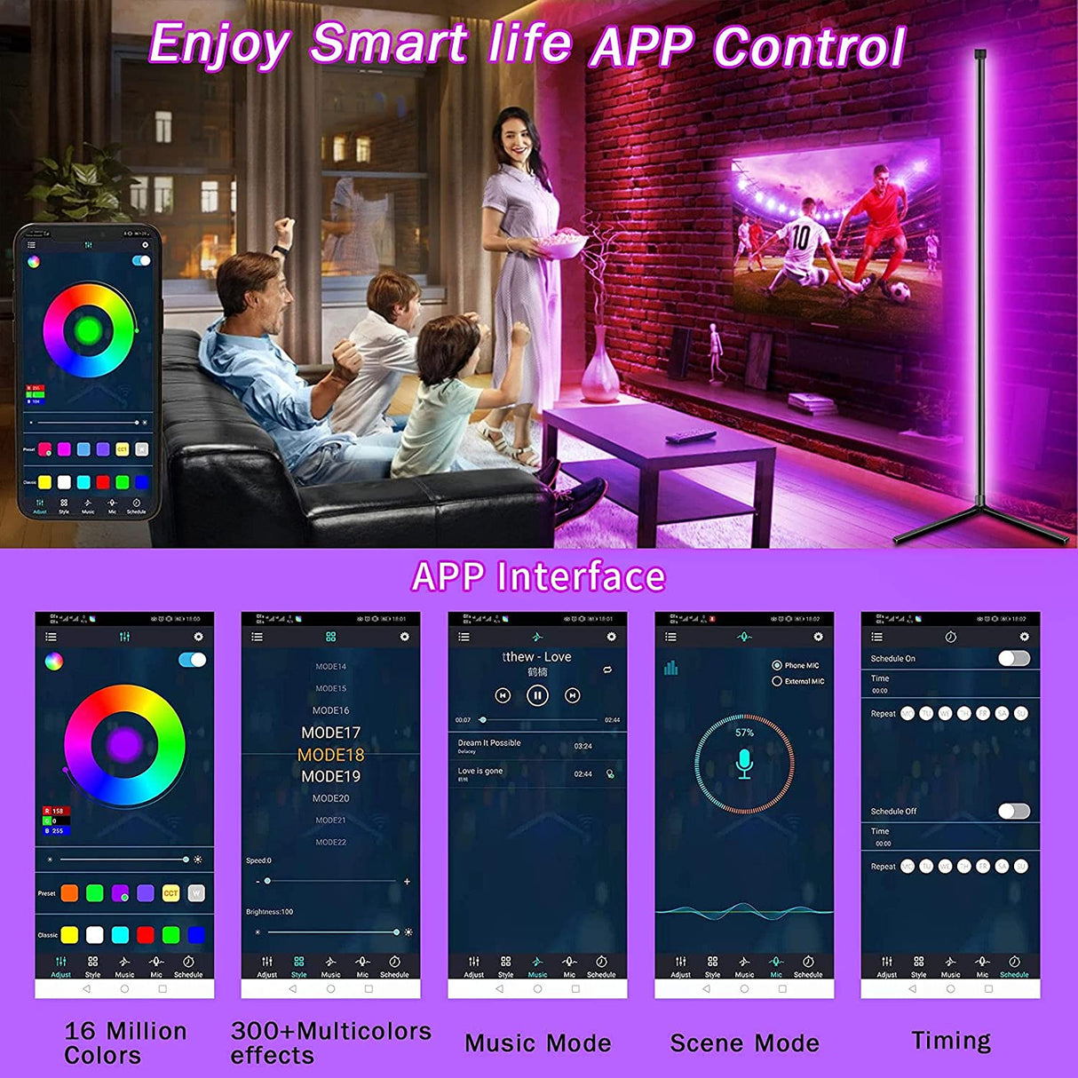 RGB LED Floor Lamp Bedroom Bedside Decoration Corner Floor Lamp WIFI Bluetooth App and Remote Control Indoor Atmosphere Lamp