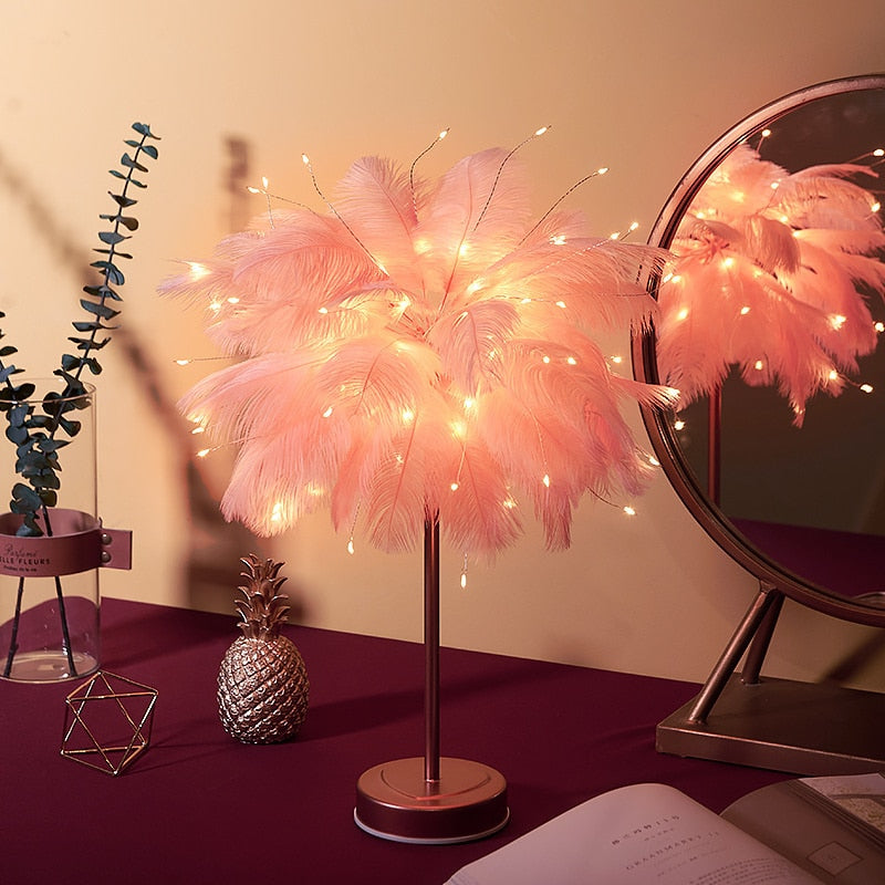 Creative Feather Table Lamp with Remote Control USB/AA Battery Power Desk Lamp Tree Feather Lampshade Night Light for Birthday