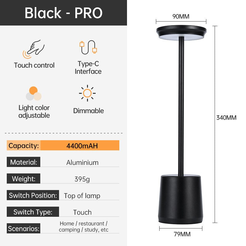 4400mAh Rechargeable Bar Table Lamp Dimmable Cordless Aluminum Bedside Touch Control Desk Light Bedroom Night Lights Decor
