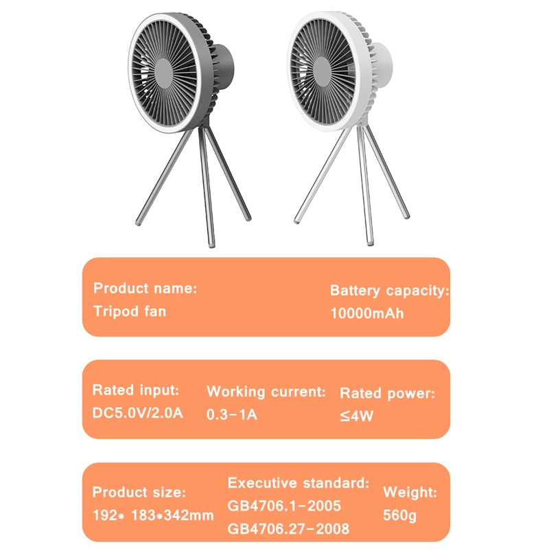 New Outdoor Camping Fan Office Desk USB Tripod Electric Fan Student Dormitory Ceiling Fan 10000mAh
