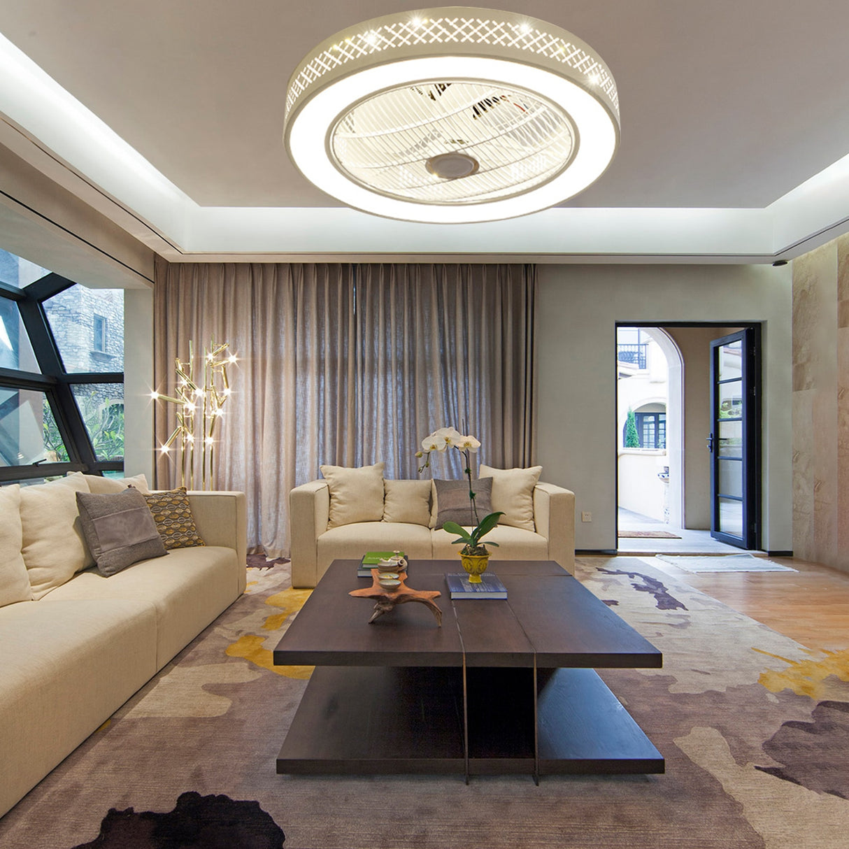 Acrylic Enclosed Round Ceiling Fan with Light and Remote Control Invisible Blades for Bedroom