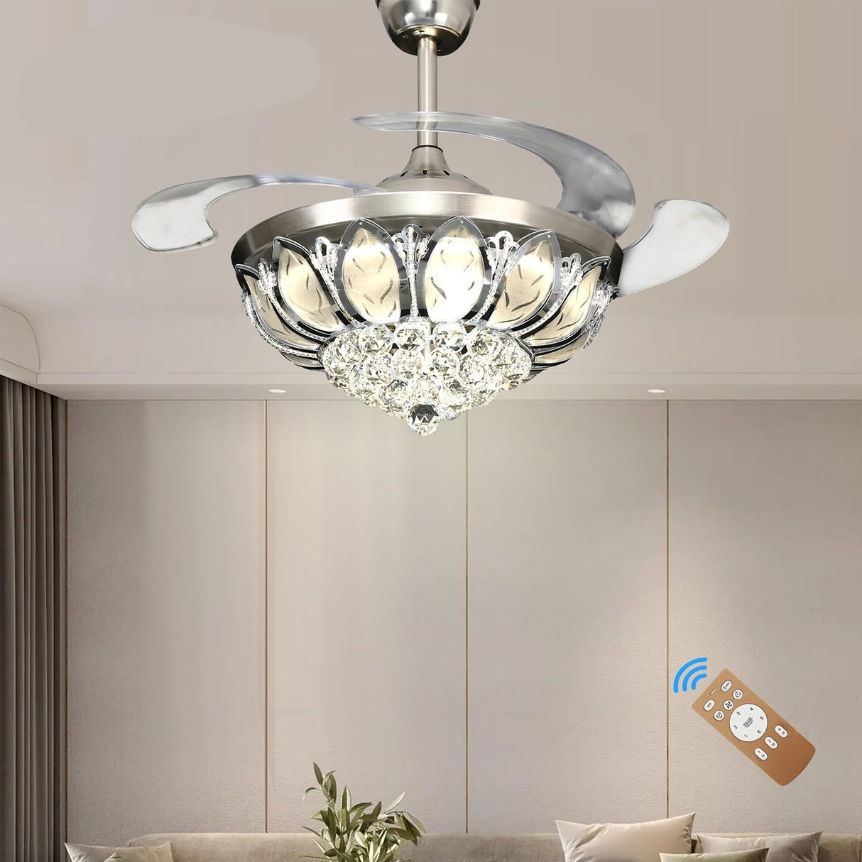 Chandelier Lamp Ceiling Fan 4-Blade Retractable With Crystal LED Light Remote Color Changeable For Living Room Bedroom