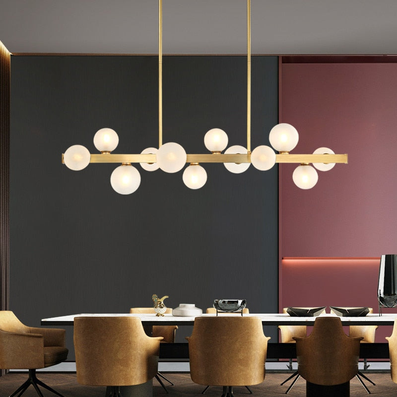 New All Copper Chandelier Modern Nordic7-9-12 Lights White Glass Ball Table Restaurant Strip Hanging Lamp Pendant Drop Lighting